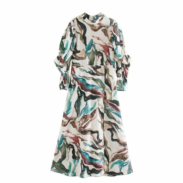 

women 2019 puff sleeve side split vestido ink painting dress women back zipper a-line casual midi dress high waist ropa mujer, Black;gray