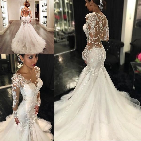 

Country Mermaid Wedding Dresses 2020 Sheer Long Lace Appliques Sleeves Trumpet See Through Back Vintage Bridal Gowns Vestidos de Novia 34