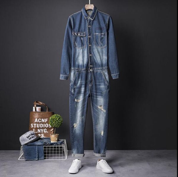 

2019 new autumn tide denim jumpsuit men's japanese retro motorcycle work clothes korean version of the slim denim jumpsuit male, Blue