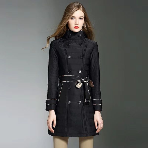 

women winter thick coat luxury designer solid cotton padded trench coat vintage british style jacket stripes belt black khaki jackets s-2xl, Black;brown