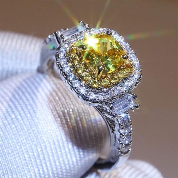 Nuovi gioielli di lusso classici scintillanti Argento sterling 925 Topazio giallo CZ Diamond Pave CZ Promise Women Wedding Engagement Band Ring Gift