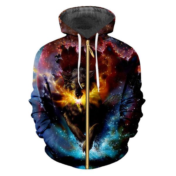 

colored starry sky zip-up tracksuit 3d print wolf pattern men women zipper hoodies fashion animal hoody sweatshirt coat, Black