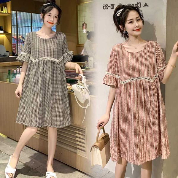 

675# maternity dress summer short sleeve easy matching loose plaid stylish dress for pregnant women mom, White