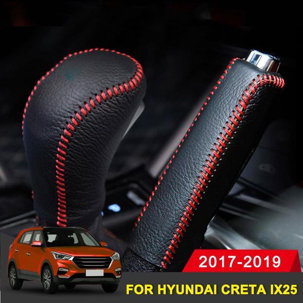 Gear Shift Collars Covers Handbrake Cover Interior Leather Hand Stitched Shift Knob For Creta Ix25 2017 2019 Accessories Cool Interior Car Accessories