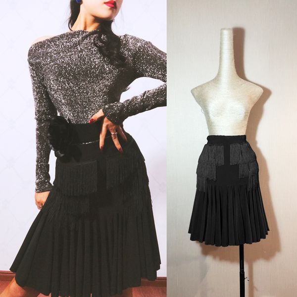 

latin dance skirt female practice fringe skirt professional ballroom dance competition costumes samba dql2787, Black;red