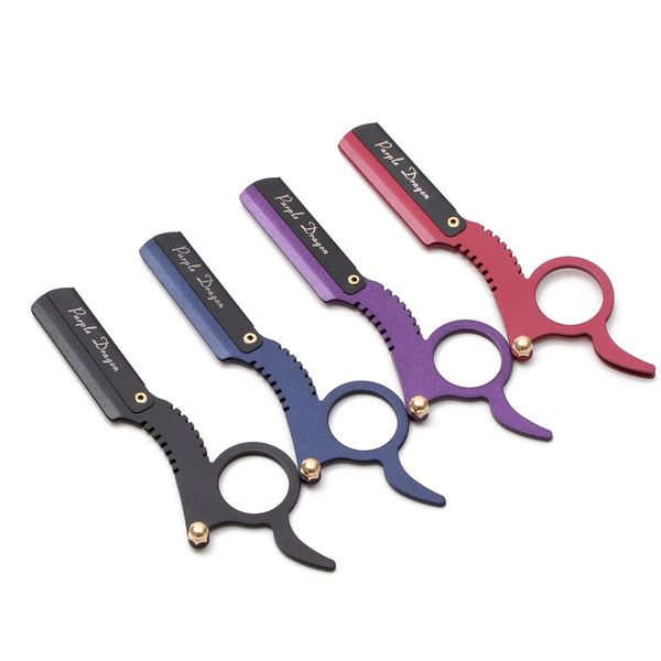 

100pcs wholesale 12.7cm purple dragon stainless men straight barber edge steel razor shaving knife hair removal tools + 1piece blade z6111