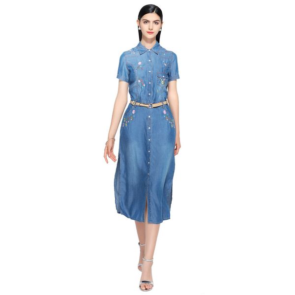 

new summer casual embroidery dress women elegant peter pan neck short sleeve denim dresses vestidos de verano women clothes 2019, Black;gray