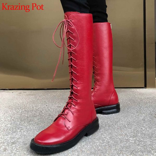 

krazing pot full grain leather med heels winter round toe cross-tied lace up solid color keep warm riding thigh high boots l89, Black