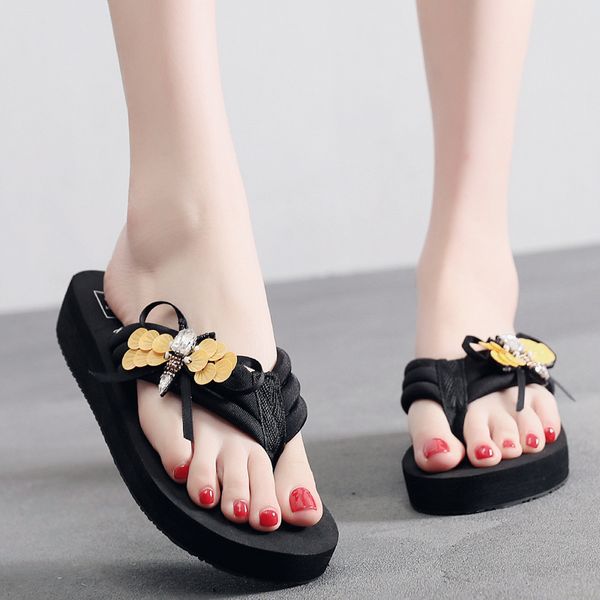 

2018 women's new style flip-flops summer thick bottomed slanted heel fashion outer wear slippers sandals anti-slip slipper onlin, Black