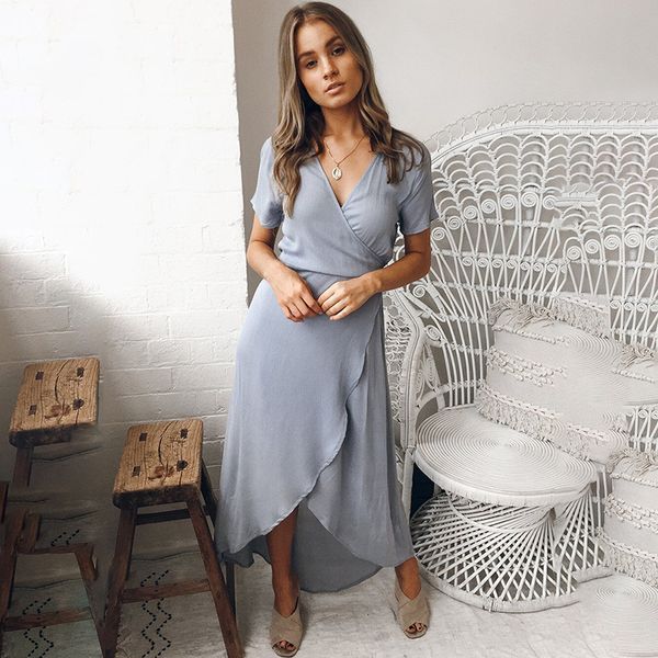 

autumn dress split long dresses casual sashes v neck short sleeve loose beach maxi dress plus size party robe longue femme, Black;gray