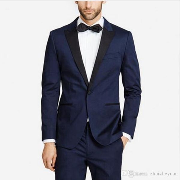 Setwell New Navy Blue Homens Ternos para Casamento Prom Festa Negócios Ternos Pico Lapela Slim Fit Masculino TuxeDos Groom Traje (Casaco + Pant)