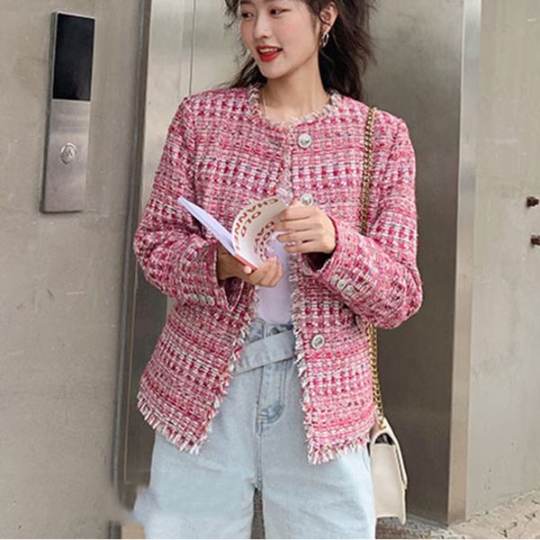 

tvvovvin pink long-sleeved single-breasted raw edge round neck woven woolen woman jacket simple fashion 2019autumn coat new x275, Black