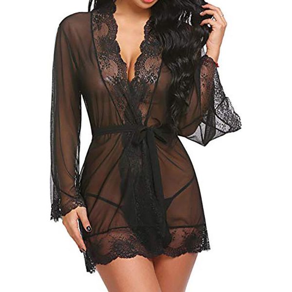 

women's sleepwear erotic lingerie nightdress women lace nightgowns set babydoll perspective mesh bathrobe with belt nightwear, Black;red
