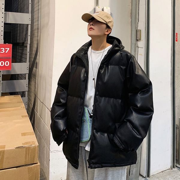 

winter thick leather jacket men's warm fashion parka men solid color casual hooded leather coat man wild loose motorcycle jacket, Black