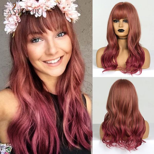 

easihair medium dark red ombre wave wigs with bangs synthetic wigs for black women afro wavy cosplay wig heat resistant