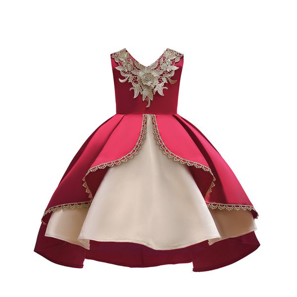

girls dress of gold silk lace embroidered sleeveless tuxedo with flower in three color for2-12 years old, Red;yellow
