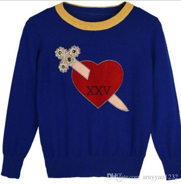 

2017 #бренд же стиль свитер синий / черный fegular с длинным рукавом круглый вырез бусины вышивка письмо мода женская одежда sh, White;black