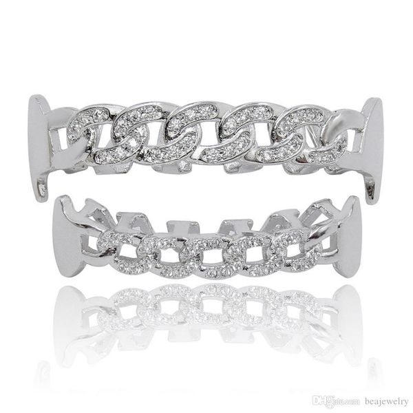 

new custom fit fully cz cuban fang grillz iced-out bling hip hop teeth grill & bottom grillz set chain vampire grills, Black