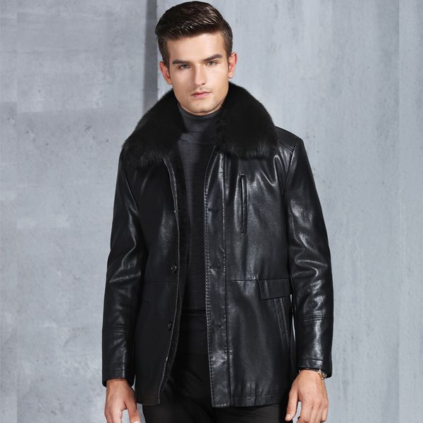

new winter men's fur collar leather overcoat jacket coat, Black