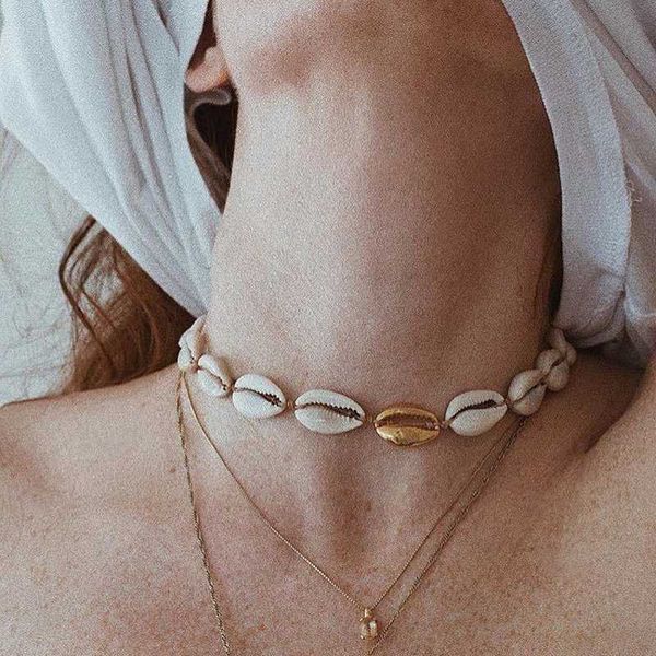 

bohemia multiple white shell chokers necklaces for women trendy hawaiian style metal necklace adjustable holiday jewelry, Golden;silver