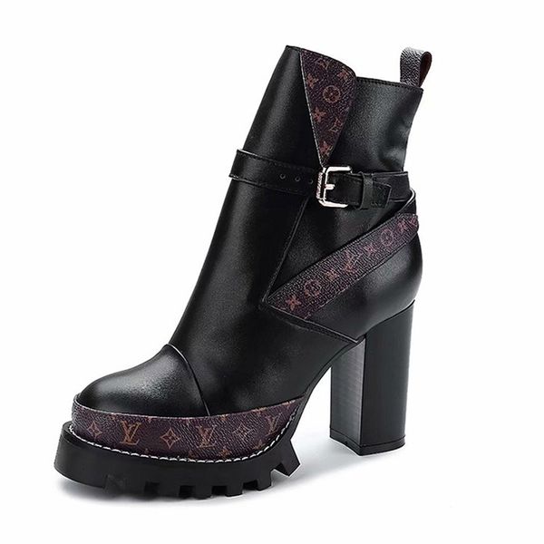 

europe and america autumn and winter super high-heeled platform thick with ankle boots female authentic round head belt buckle martin boot, Black