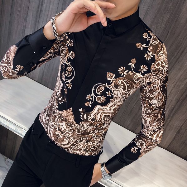 

luxury royal shirt casual slim fit long sleeve men paisley print shirt camisa social masculina manga longa prom party s-8, White;black