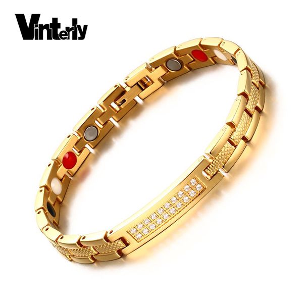 

vinterly wrist band magnetic bracelet femme germanium gold-color chain stainless steel bracelet women energy crystal id bracelet, Golden;silver