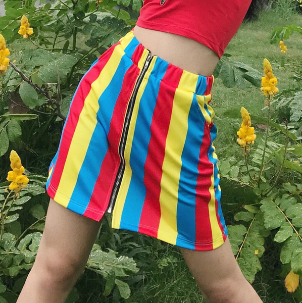 

new women's fashion color stripe zipper a-line waist skirt, Black