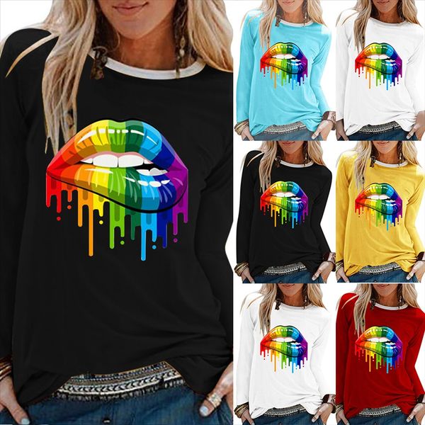 

long sleeve women's polyester cotton lips colorful red printed -shirt casual large size lip gloss -shirt top, White