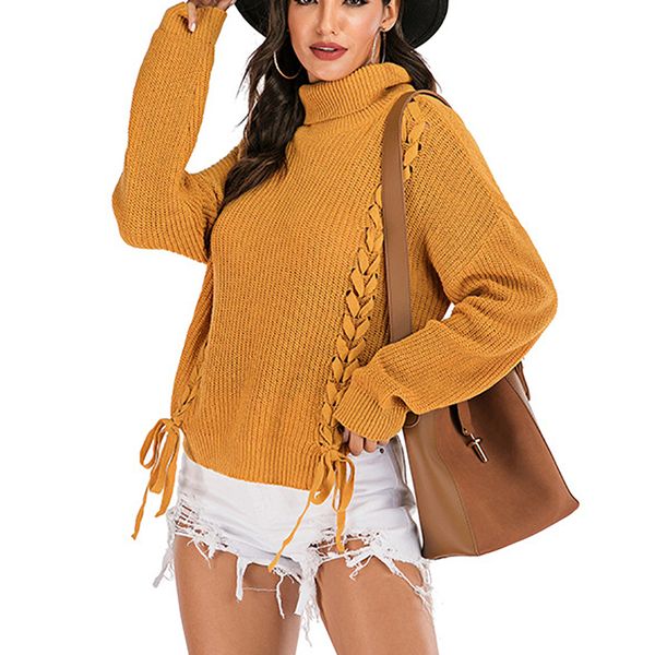 

2019 autumn sweater women lace up knitted jumper trendy v-neck casual pull femme sweater loose solid yellow sweaters, White;black