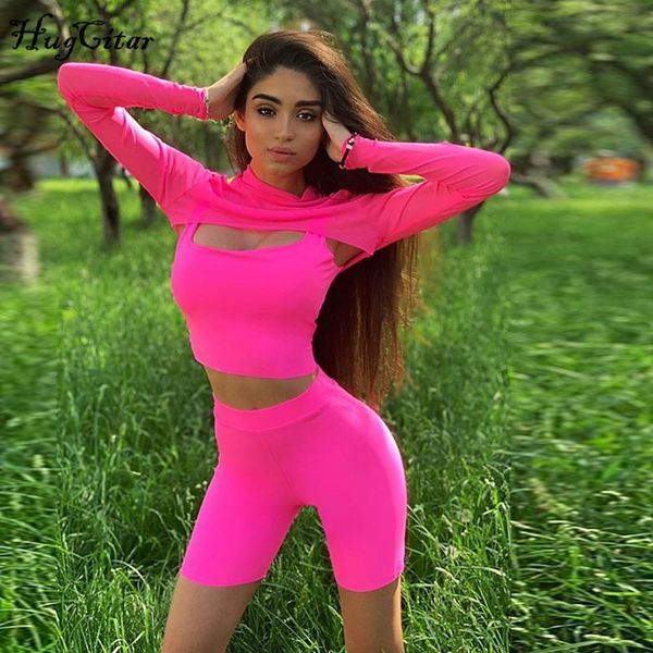 

hugcitar extra crop camis shorts 2 two piece set 2019 summer women fashion neon green pink solid streetwear female sets, White