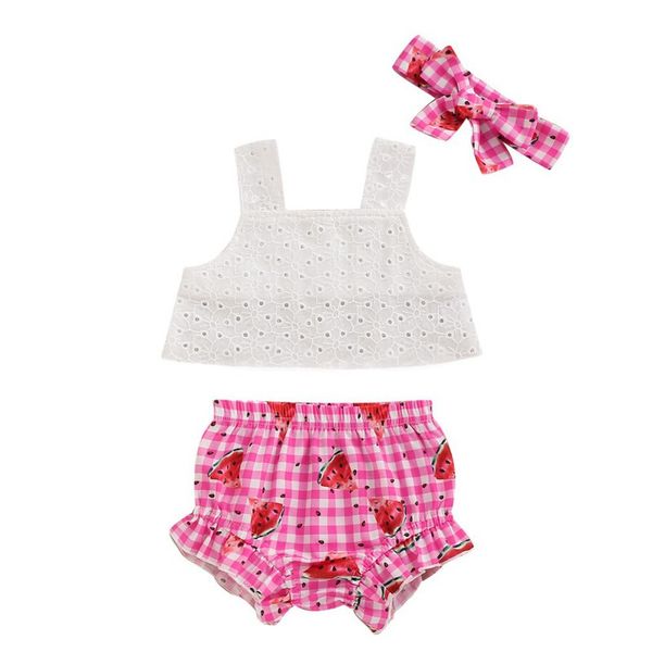 

2020 newborn toddler girl clothes outfits set new fashion baby child print sleeveless shirts dress+ shorts +headband 3 pcs set, White