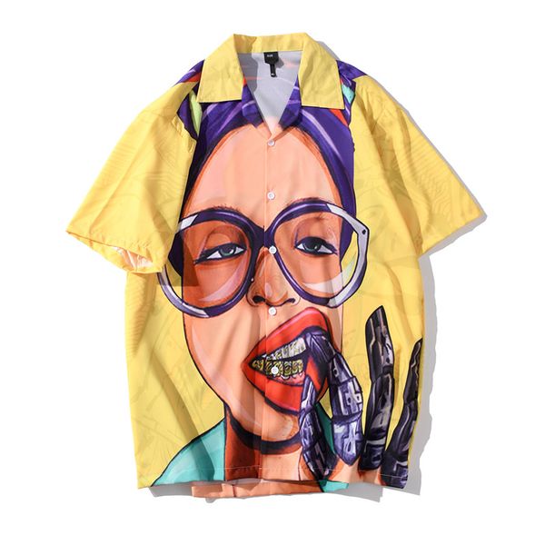 

funny girl printed hipster shirt men fashion hip hop streetwear hawaiian shirts short sleeve tropical hawaii beach camp shirt, White;black