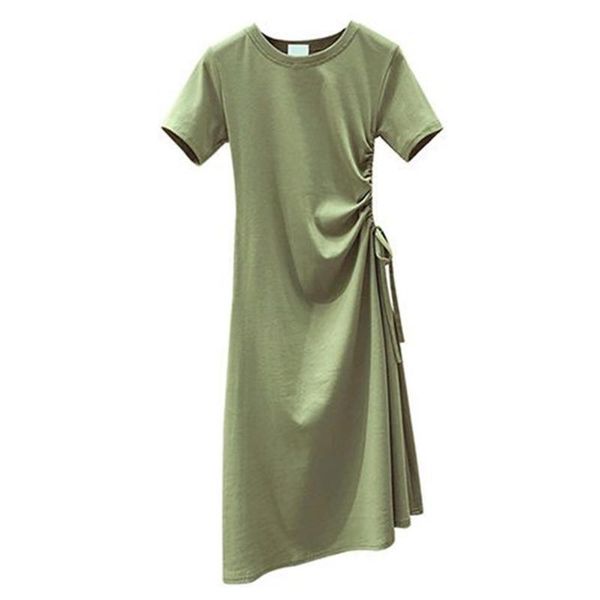 

fashion women solid color drawstring short sleeve long section slim dress, Black;gray