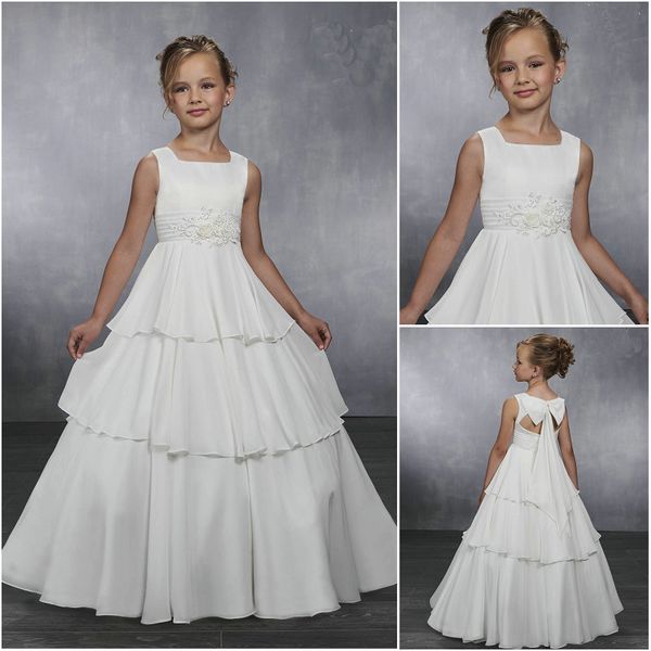 

2019 designer lovely ivory flower girl gowns chiffon square neck keyhole bow back applique beaded tiered skirt girls party gowns mb9031, White;blue