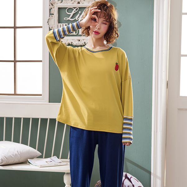

cotton pajama set women spring autumn pajamas long sleeve pullover shirt and long pants bottom nightwear female homewear, Blue;gray