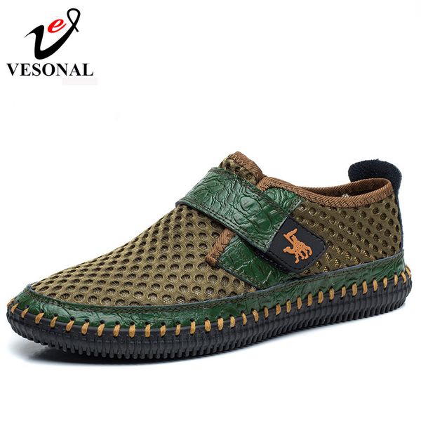 

vesonal brand spring summer genuine leather mesh breathable handmade shoes men casual male footwear brown green, Black