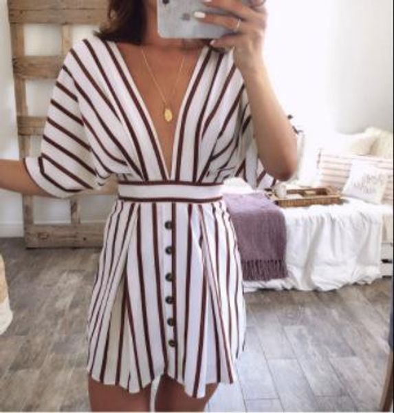 

deep v-neck fashion striped dress women summer bandage designer backless beach casual dresses, Black;gray
