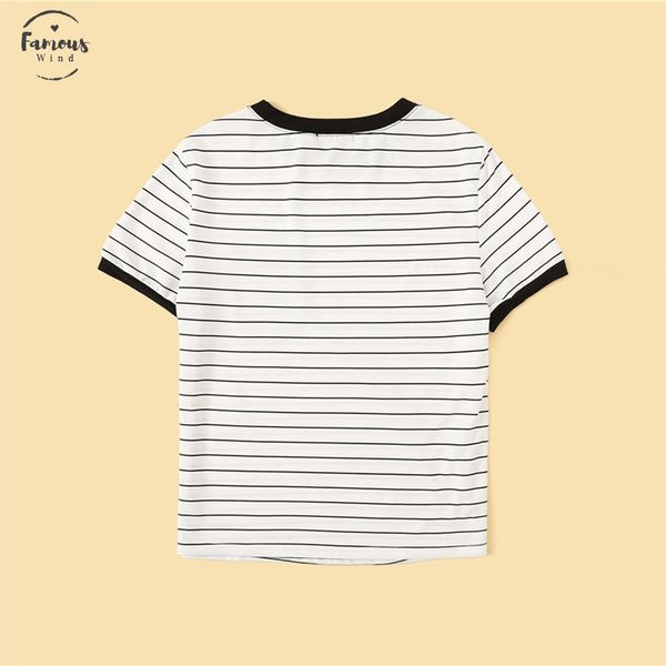 

опрятный цветочный карман заплатанный полосатый короткий звонок футболка женская одежда 2019 круглый вырез повседневная эластичная летняя ру, White