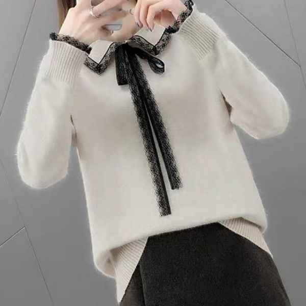 

sweet style sweater solid color bow decoration women's pullover fashion novel lace stitching long-sleeved sweater #e, White;black