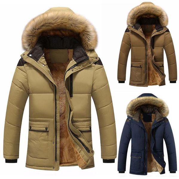 

stylish men solid collar fleece lined detachable hood plus size warm parka coat, Black