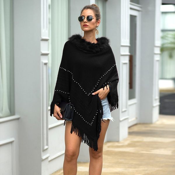 

jaycosin sweater coat women winter knitted cashmere poncho capes shawl tassel cloak shawl fur collar cloak solid color cardigan, White;black
