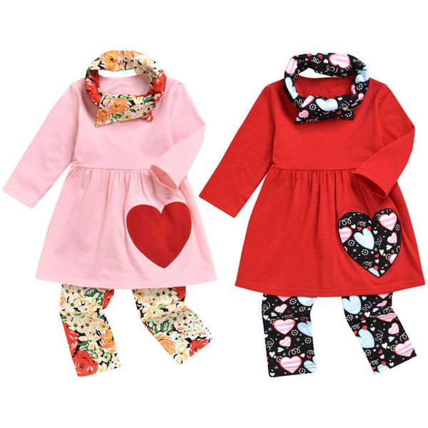 

3pcs toddler kids baby girl outfit clothes t shirt dress+leggings+scarf set, White