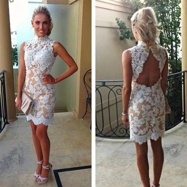 

vintage lace cocktail dresses high collar white lace champagne lining backless short party gown appliques summer dresses 2019, Black