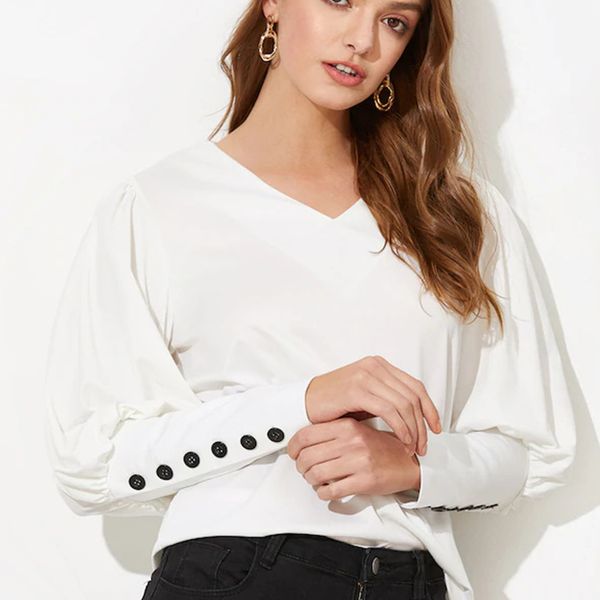 

vintage back btuton elegant long sleeve v neck office lady shirt 2020 spring new fashion women and blouse y200402, White