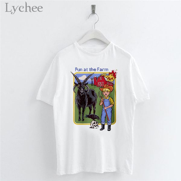 

lychee trendy letter cartoon print women white t-shirt casual short sleeve o-neck female t shirts female tee top