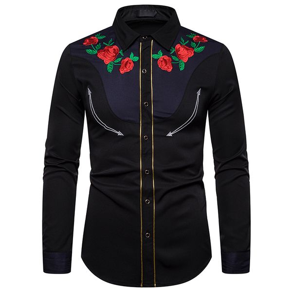

men's casual shirts brand shirt long sleeve fashion clothing slim embroidery pattern cotton social plus size, White;black