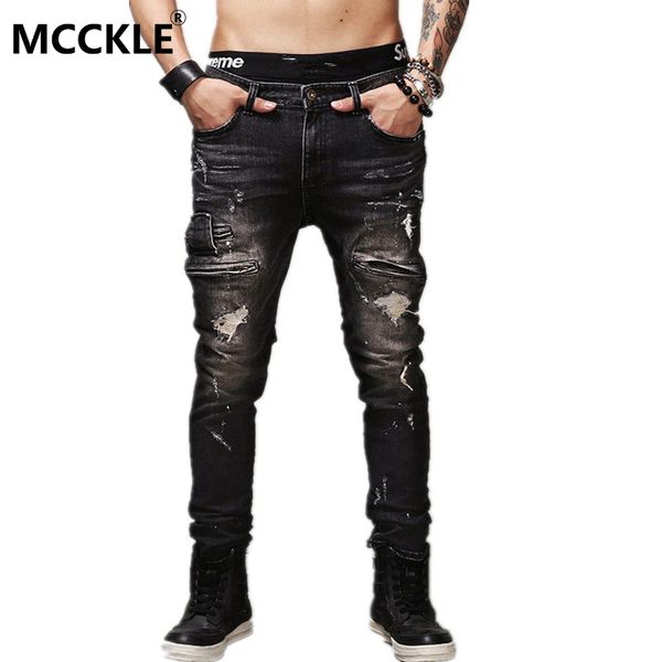 

mens ripped biker jeans 100% cotton black slim fit motorcycle jeans men vintage distressed denim pants q1566, Blue