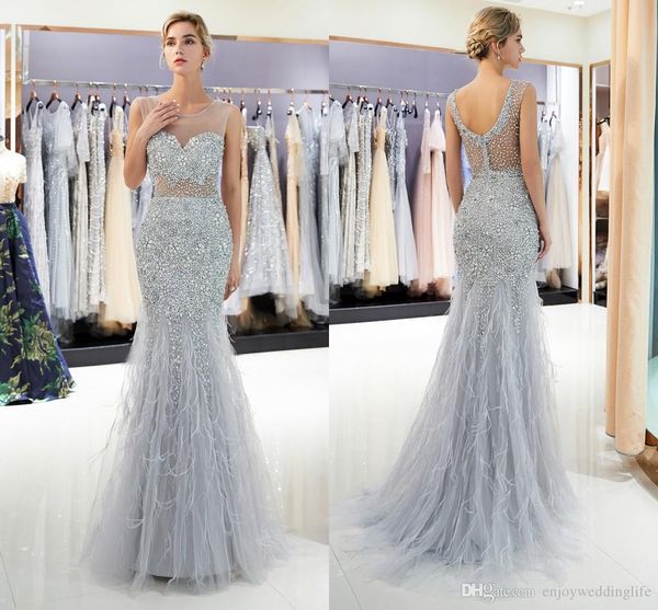 

серый русалка crystals длинных платьев выпускного вечера crew neck рукава тюли перо вечер знаменитость платье major бисероплетение формально, Black