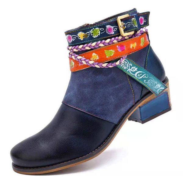 

2020 spring autumn new woman retro leather vintage chunky heel round toe short boots ladies ethnic zip ankle boots bohemian shoe, Black